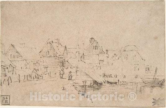 Art Print : Rembrandt (Rembrandt Van Rijn) - Houses by The Water : Vintage Wall Art