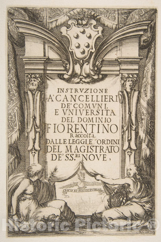 Art Print : Etched by Stefano Della Bella - Frontispiece for The Instruzione a' Cancellieri : Vintage Wall Art