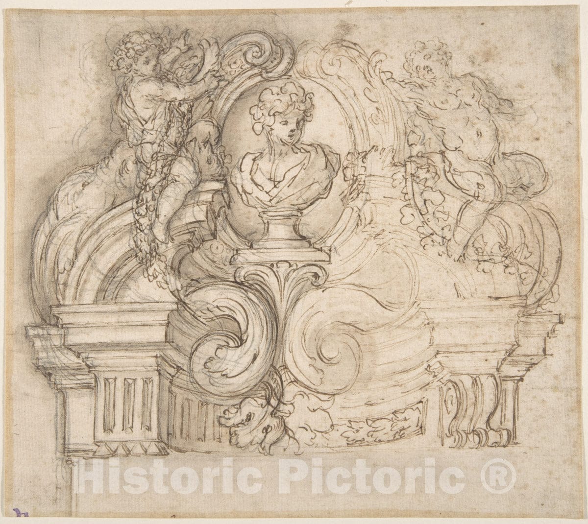 Art Print : Giovanni Battista Foggini - Design for an Overdoor or The Top of a Niche with a Bust and Garland-Bearing Putti : Vintage Wall Art