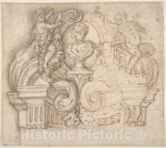 Art Print : Giovanni Battista Foggini - Design for an Overdoor or The Top of a Niche with a Bust and Garland-Bearing Putti : Vintage Wall Art