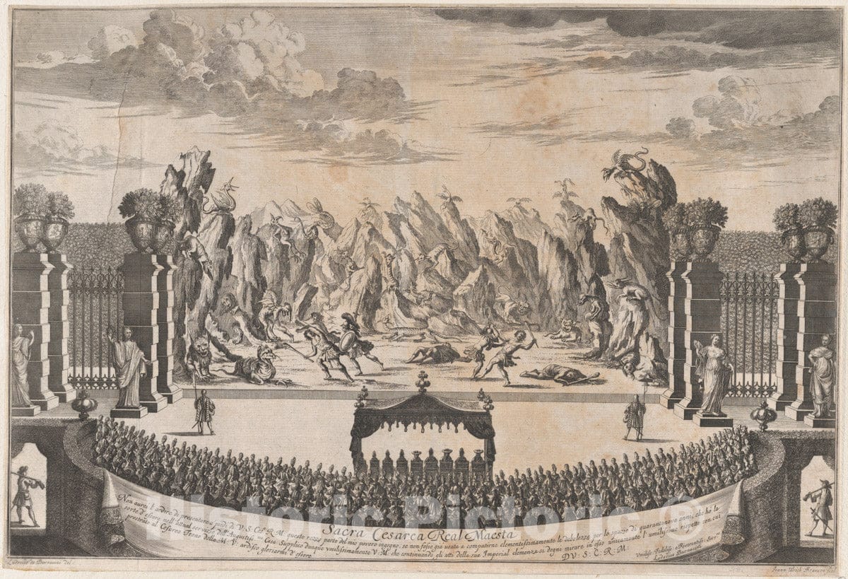 Art Print : Johann Ulrich Kraus - The Royal Family Sitting Under a Canopy, Watching Dancers Perform The Opening Ballet of 'La Costanza d'Ulisse' : Vintage Wall Art