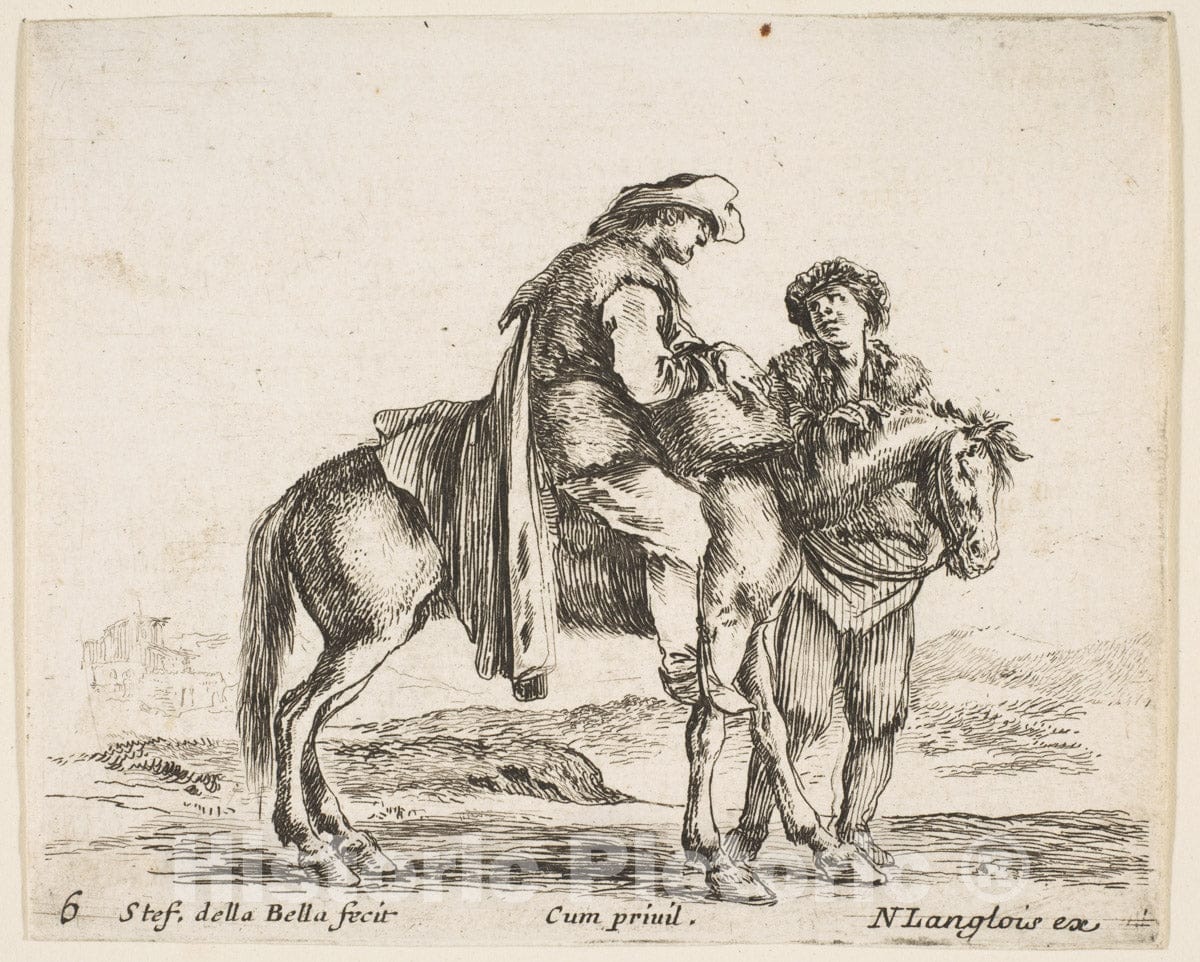 Art Print : Plate 6: a Peasant on Horseback in Profile Facing The Right - Artist: Stefano Della Bella - Created: c1644 2 : Vintage Wall Art