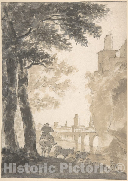 Art Print : Jan Both - Landscape with a Mounted Herdsman and Cows, a City in The Background : Vintage Wall Art