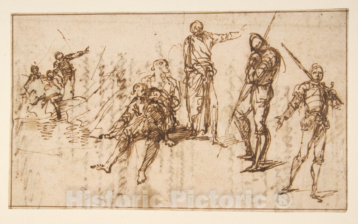 Art Print : Salvator Rosa - Two Standing Soldiers and Six Other Figures : Vintage Wall Art