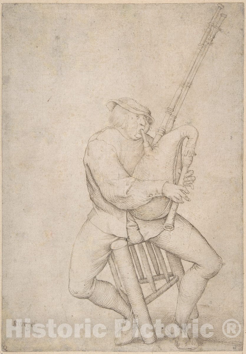 Art Print : Anonymous, Netherlandish, 16th Century - Seated Man, Precariously Balanced, Playing Bagpipes : Vintage Wall Art