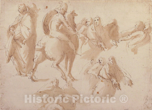 Art Print : Francesco Curia - Figure Studies: Warrior on Horseback, and Groups of Standing Female Figures : Vintage Wall Art