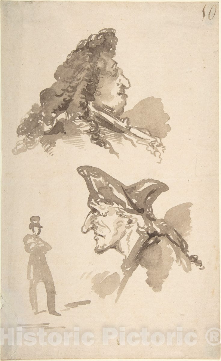 Art Print : Jean-Baptiste Isabey - Sheet of Studies: Two Male Heads in Profile and Standing Man : Vintage Wall Art