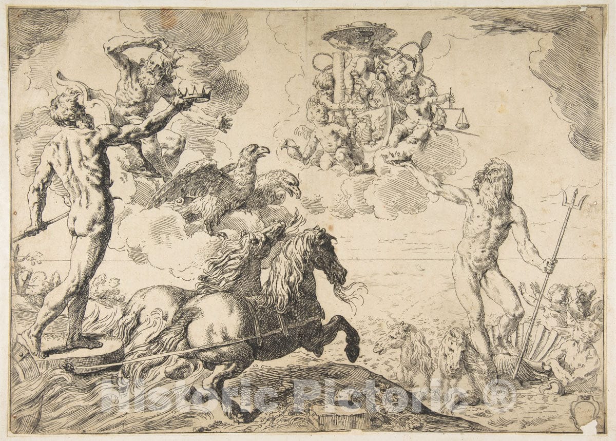 Art Print : Simone Cantarini - Jupiter, Neptune, and Pluto offering Their Crowns to The arms of Cardinal Borghese 1 : Vintage Wall Art