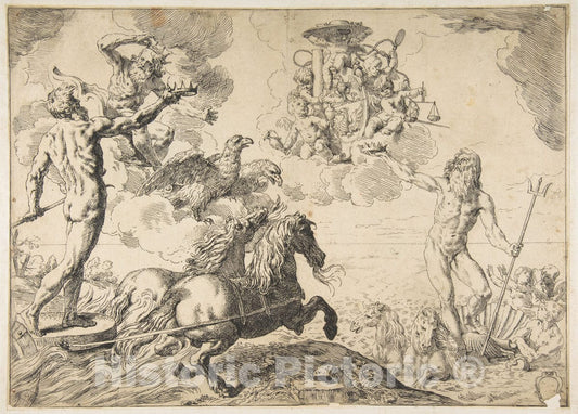 Art Print : Simone Cantarini - Jupiter, Neptune, and Pluto offering Their Crowns to The arms of Cardinal Borghese 1 : Vintage Wall Art