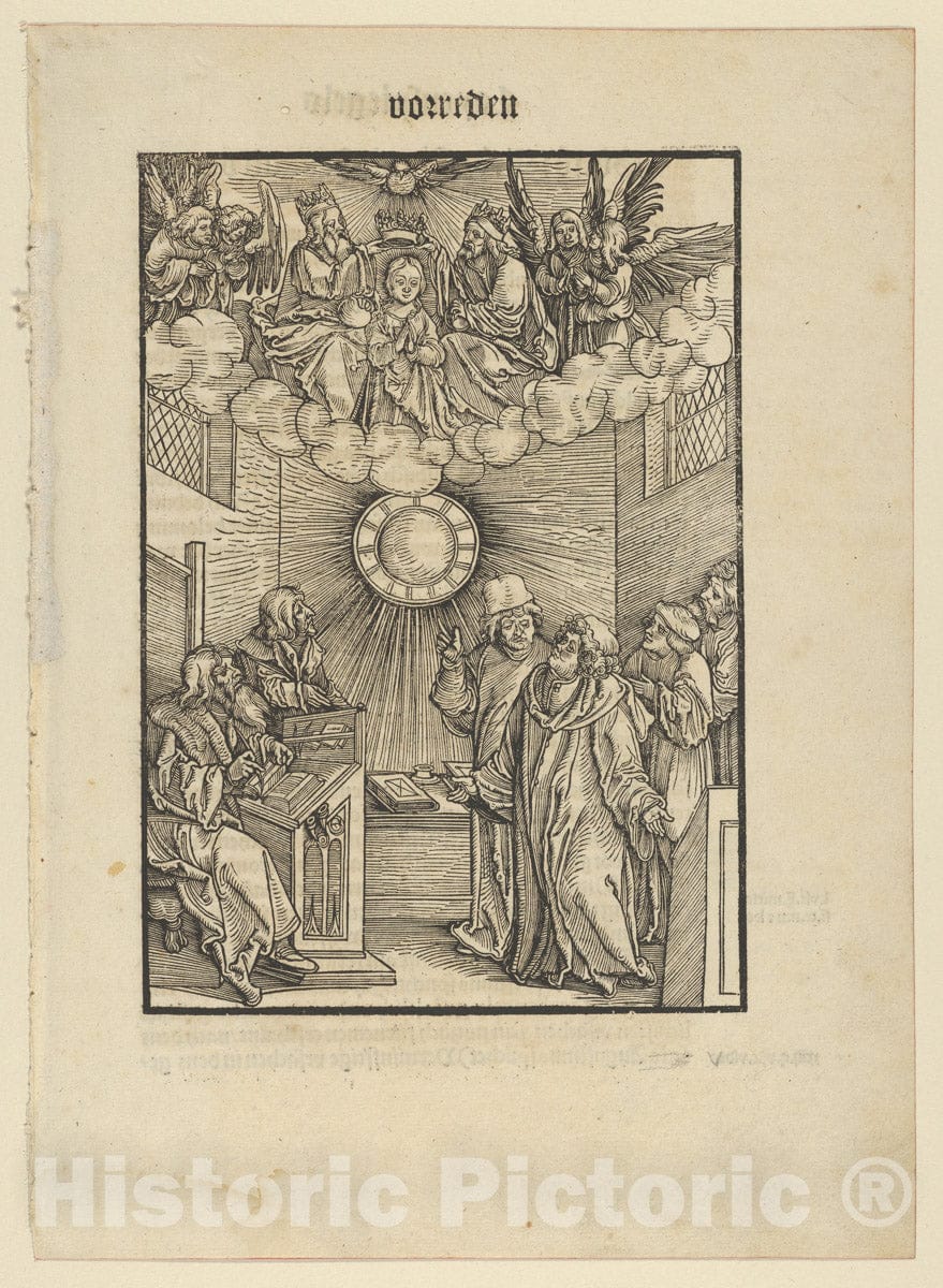 Art Print : Hans Schäufelein - The Author Writing The Layenspiegel; The Trinity and The Virgin at The Upper Center, from Der Neue Layenspiegel : Vintage Wall Art