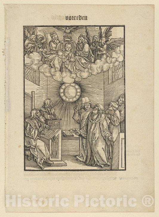 Art Print : Hans Schäufelein - The Author Writing The Layenspiegel; The Trinity and The Virgin at The Upper Center, from Der Neue Layenspiegel : Vintage Wall Art