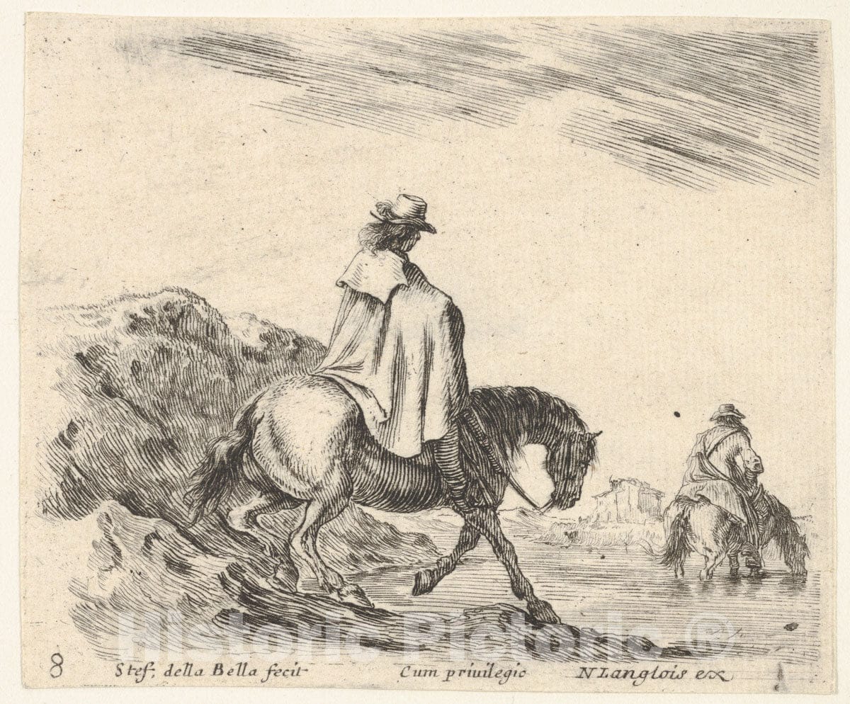Art Print : Stefano Della Bella - Plate 8: a Horseman descends a Riverbank, Another Horseman in River to Right, from 'Diversi capricci' 1 : Vintage Wall Art