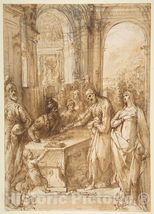 Art Print : Giovanni de' Vecchi - Esther and Mordecai Before King Ahasuerus (Esther 8:1-12) : Vintage Wall Art