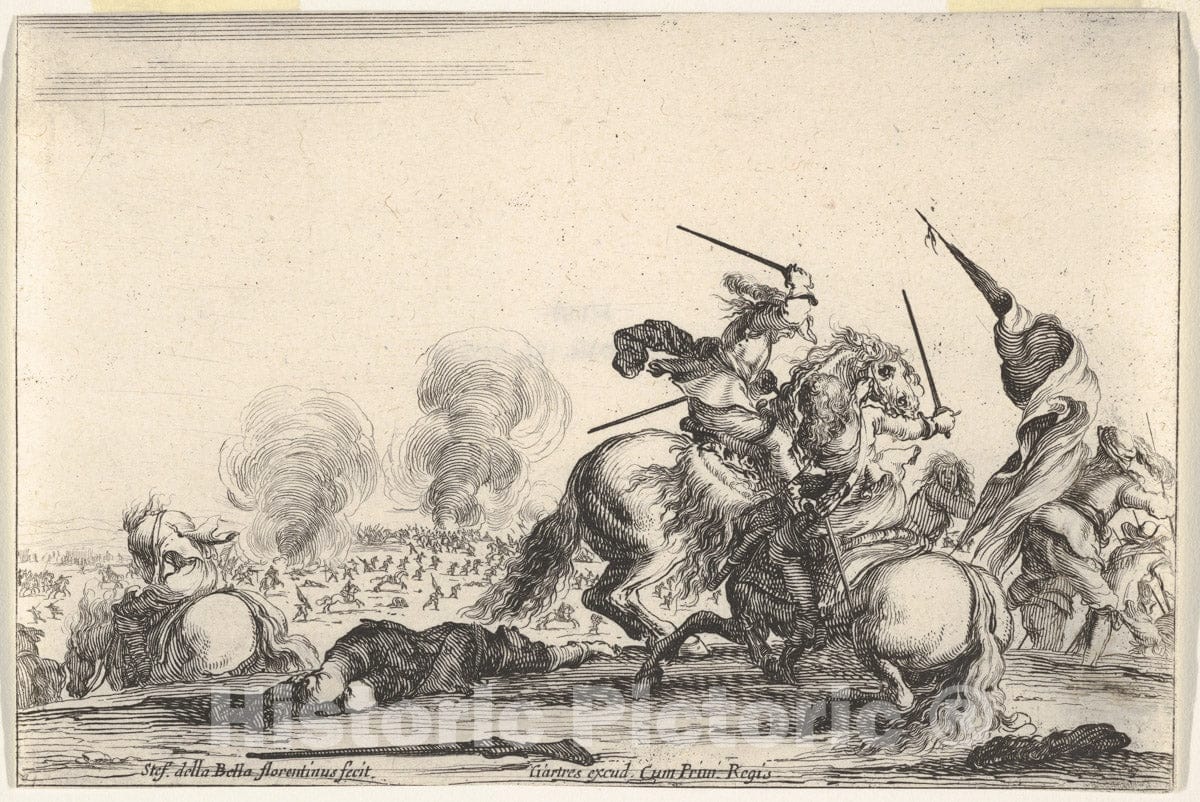 Art Print : A Skirmish, Two Horsemen battling with Swords to The Right - Artist: Stefano Della Bella - Created: c1645 v.1 : Vintage Wall Art