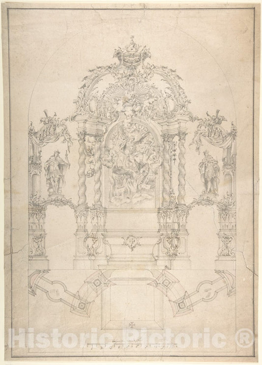 Art Print : Johann Baptist Modler - Design for an Alter with Saint Michael and The Dragon : Vintage Wall Art