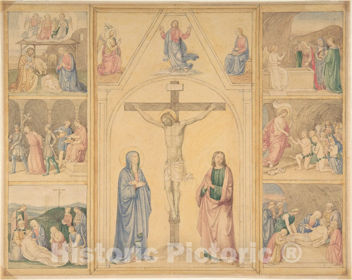 Art Print : Eduard Jakob von Steinle - Christ on The Cross with Six Scenes from The Life of Christ : Vintage Wall Art