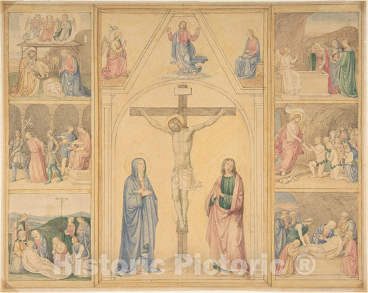 Art Print : Eduard Jakob von Steinle - Christ on The Cross with Six Scenes from The Life of Christ : Vintage Wall Art