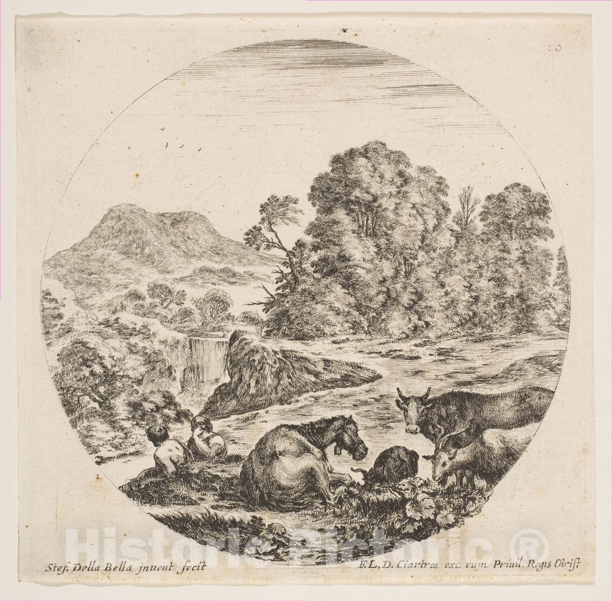 Art Print : Plate 10: a Horse Lying Down in Center - Artist: Stefano Della Bella - Created: c1646 : Vintage Wall Art