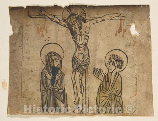 Art Print : Anonymous, German, 15th Century - Christ on The Cross with The Virgin and St. John (Schr. 427a) : Vintage Wall Art