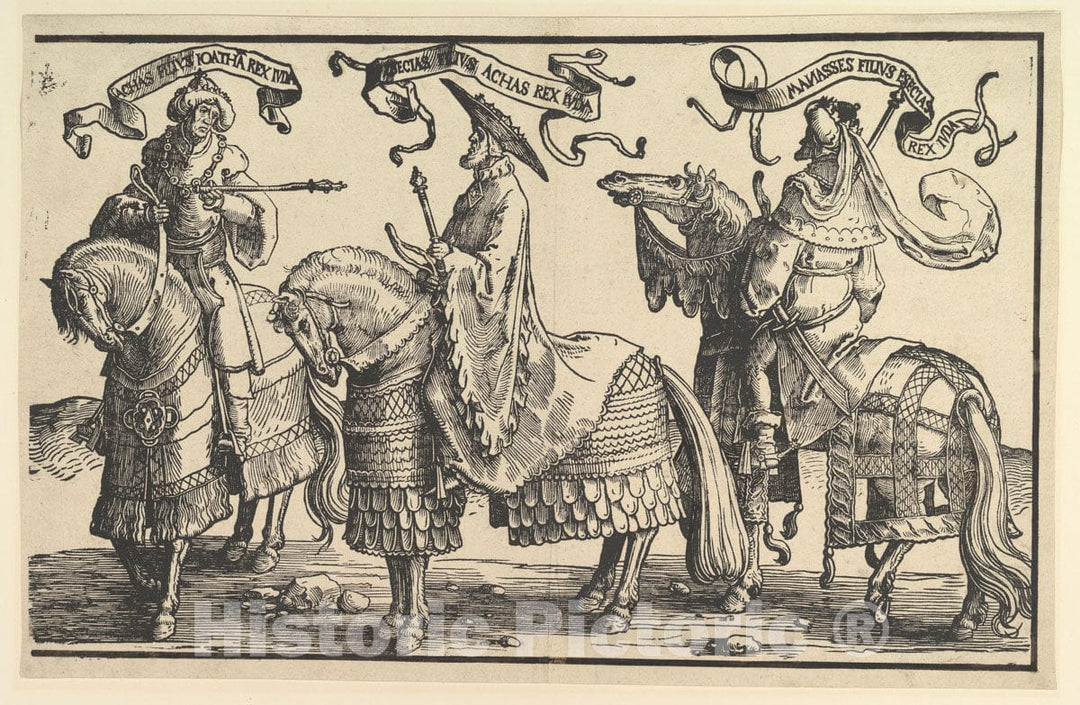 Art Print : Lucas Van Leyden - Ahaz, Hezekiah, Manasses, from The Twelve Kings of Israel : Vintage Wall Art