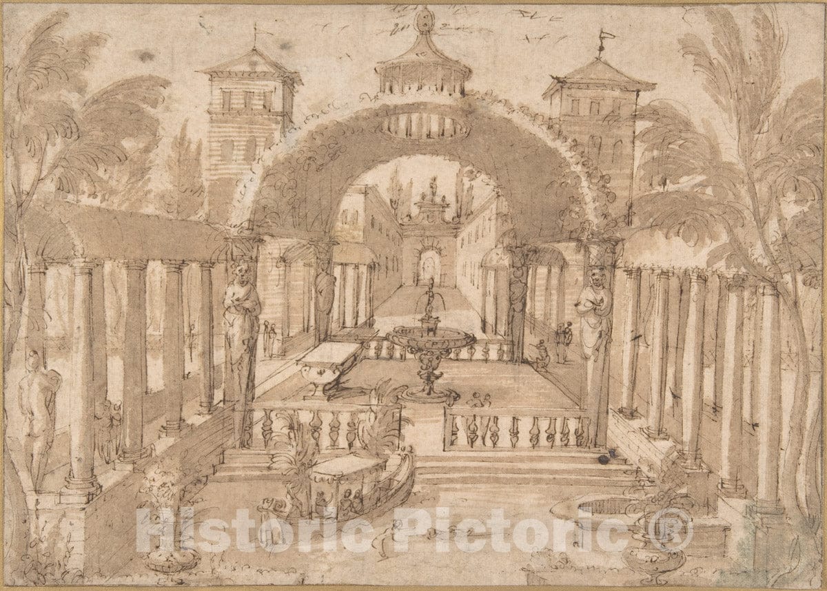Art Print : Lodewijk Toeput (Called Pozzoserrato) - View of The Gardens of a Palace : Vintage Wall Art