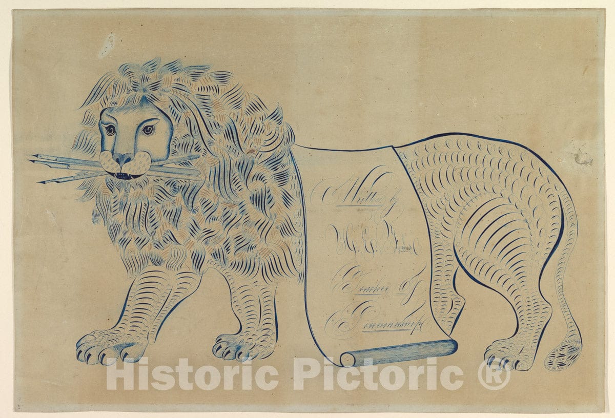 Art Print : H. E. Forbes - Ornamental Lion Composed of Scrolls, Holding Pens : Vintage Wall Art