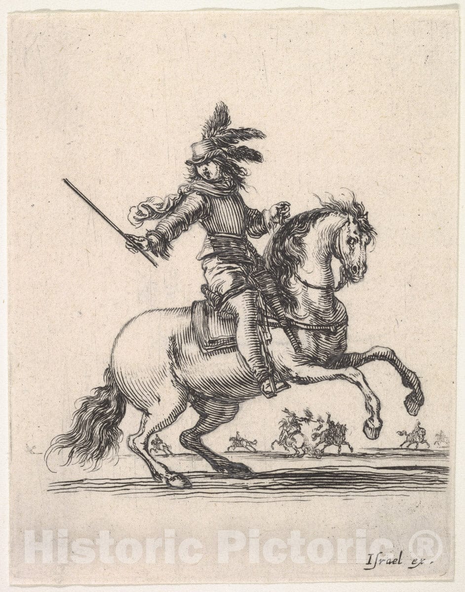 Art Print : A Commander on Horseback, Giving Orders and motioning to The Right - Artist: Stefano Della Bella - Created: c1642 : Vintage Wall Art