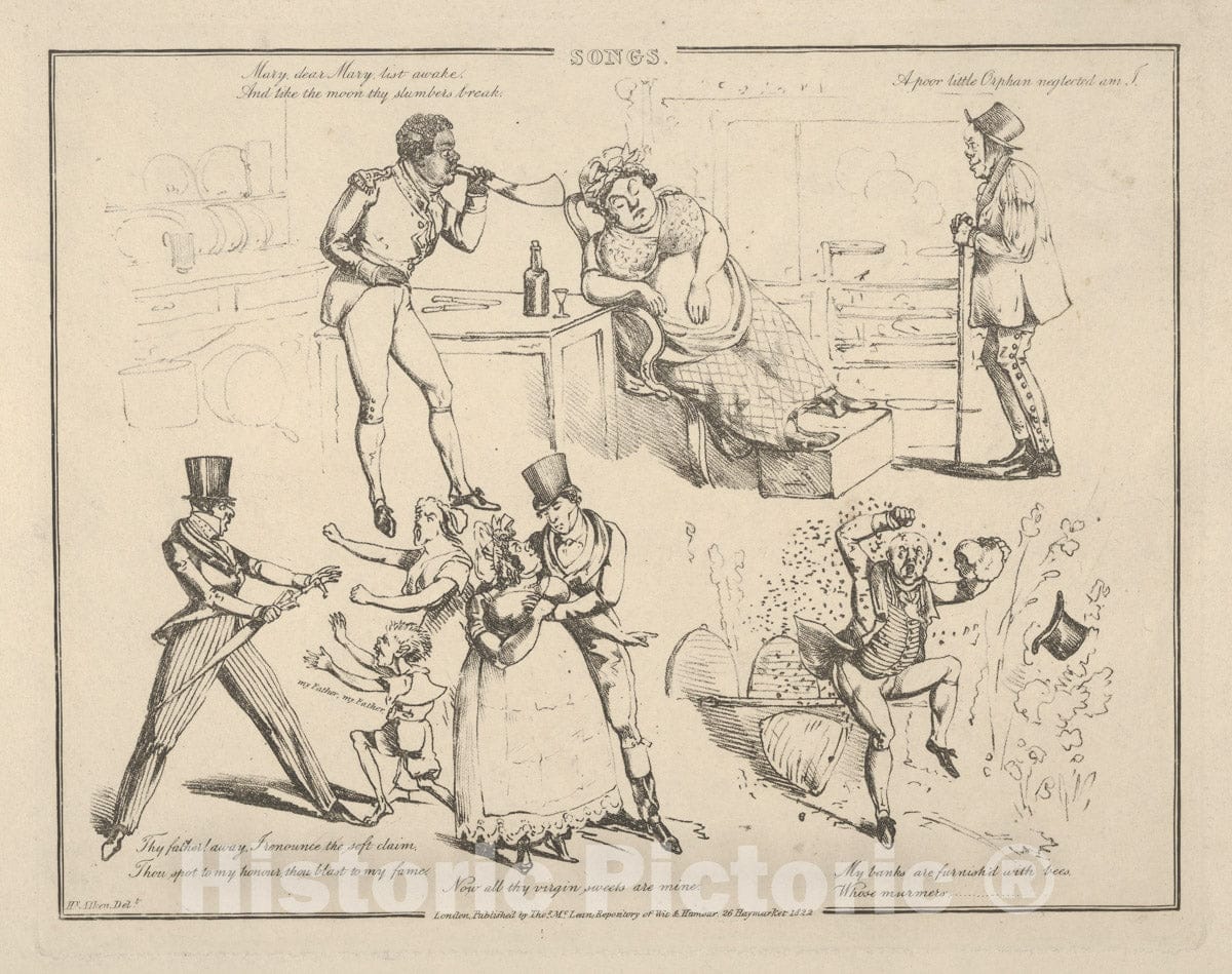 Art Print : Henry Thomas Alken - Songs:Mary, Dear Mary List Awake. and take The Moon Thy Slumbers Break. : Vintage Wall Art