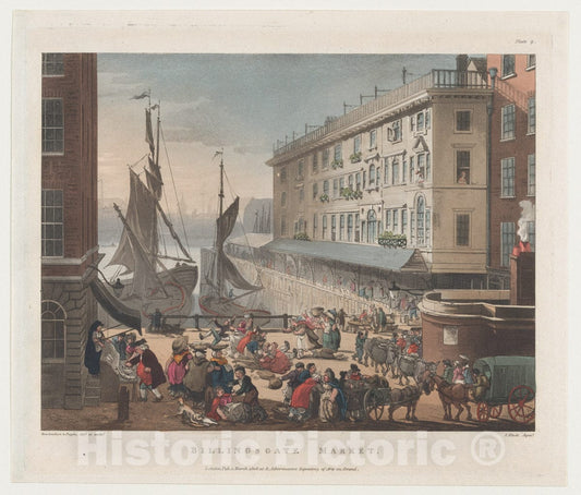 Art Print : Designed and Etched by Thomas Rowlandson - Billingsgate Market (Microcosm of London, Plate 9) : Vintage Wall Art
