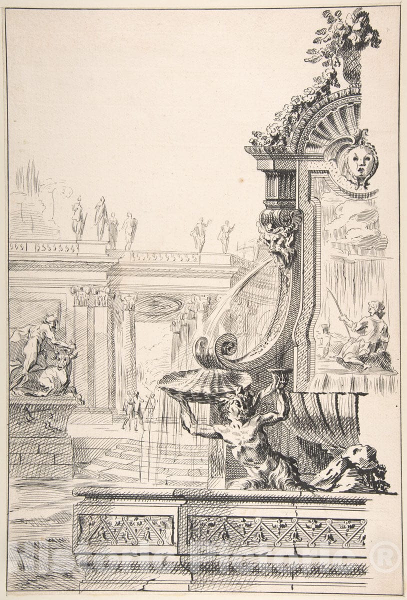 Art Print : Workshop of Gilles-Marie Oppenord - Design for a Garden Capriccio : Vintage Wall Art