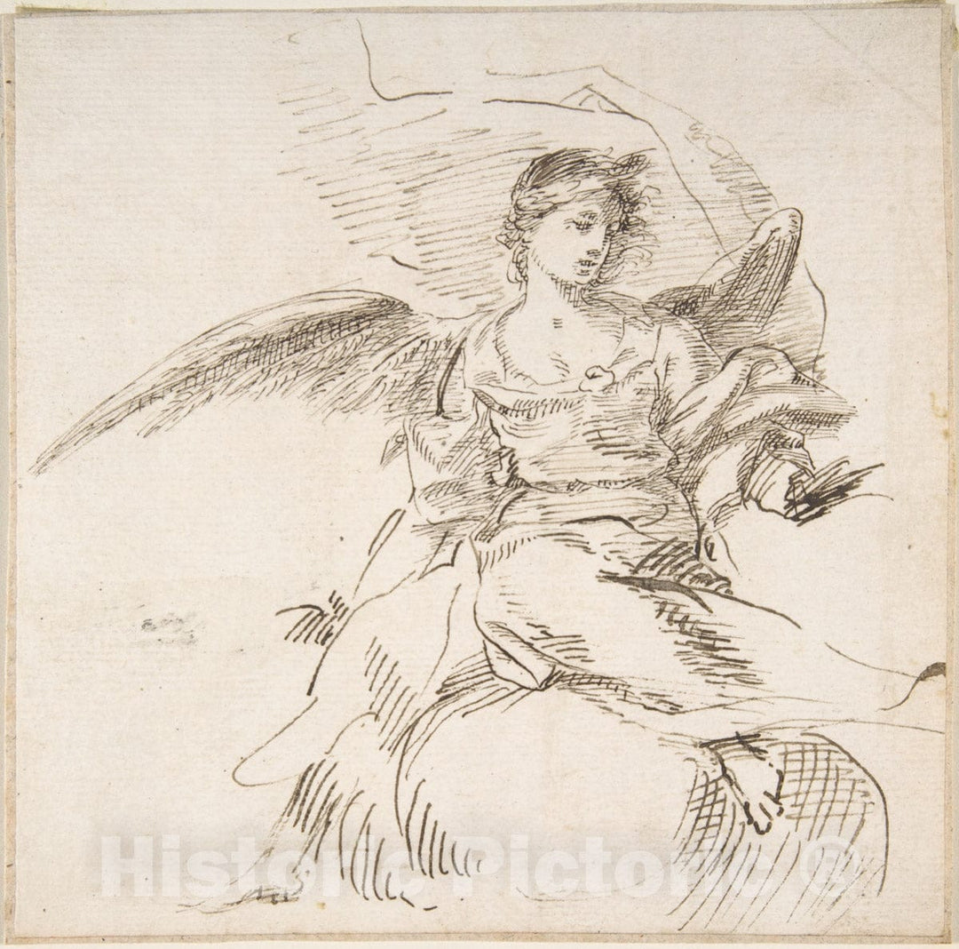 Art Print : Spanish, School of Seville, 17th Century - Angel Seated on Clouds : Vintage Wall Art