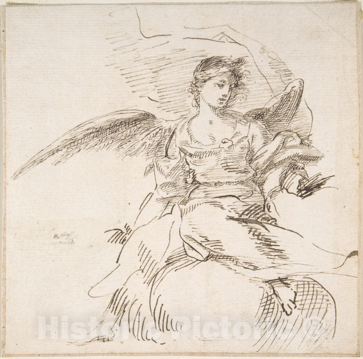 Art Print : Spanish, School of Seville, 17th Century - Angel Seated on Clouds : Vintage Wall Art