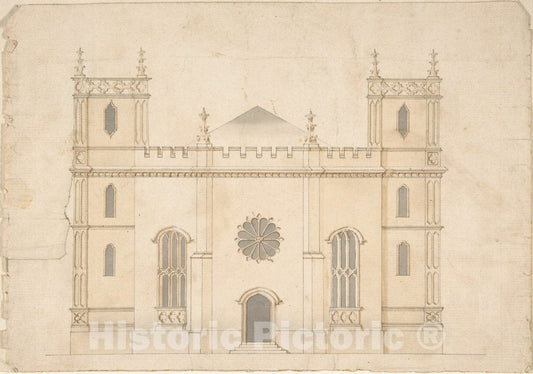 Art Print : Henry Keene - Facade of a Gothic Revival Church : Vintage Wall Art