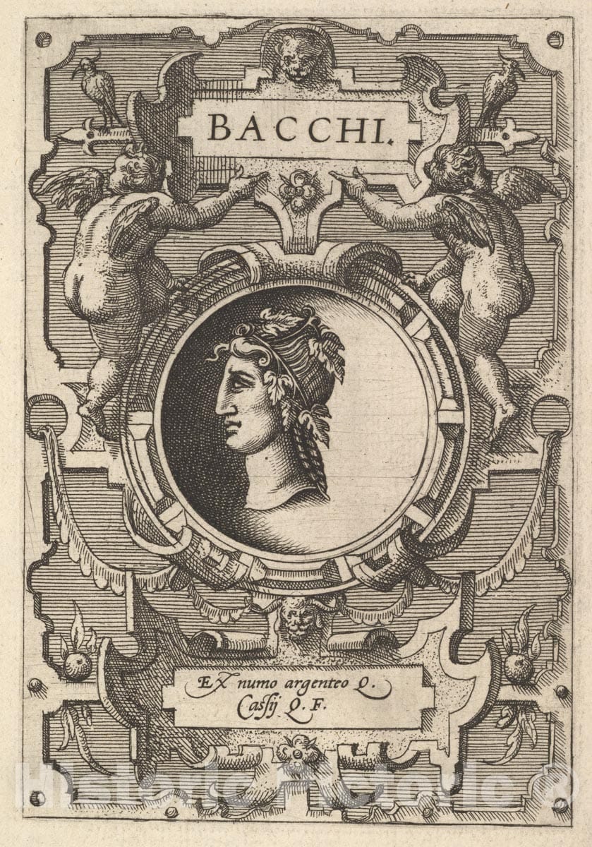 Art Print : Bust of Bacchus Surrounded by Strapwork - Artist: Philips Galle - Created: 1573 : Vintage Wall Art