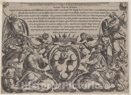 Art Print : Antonio Tempesta - Frontispiece to 'The Battles of The Old Testament' with The arms of The Medici Crowned by Two Putti : Vintage Wall Art