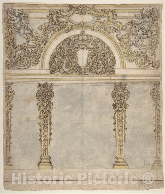 Art Print : Design for an Alcove with a Coat of Arms Flanked by Putti Bearing a Crown - Artist: Giovanni Battista Foggini - Created: 1652–1725 : Vintage Wall Art