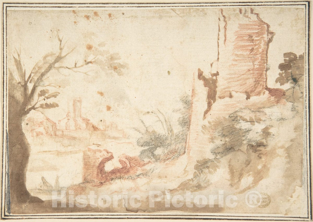 Art Print : Italian, Roman-Bolognese, 17th Century - Landscape with Ruined Tower : Vintage Wall Art