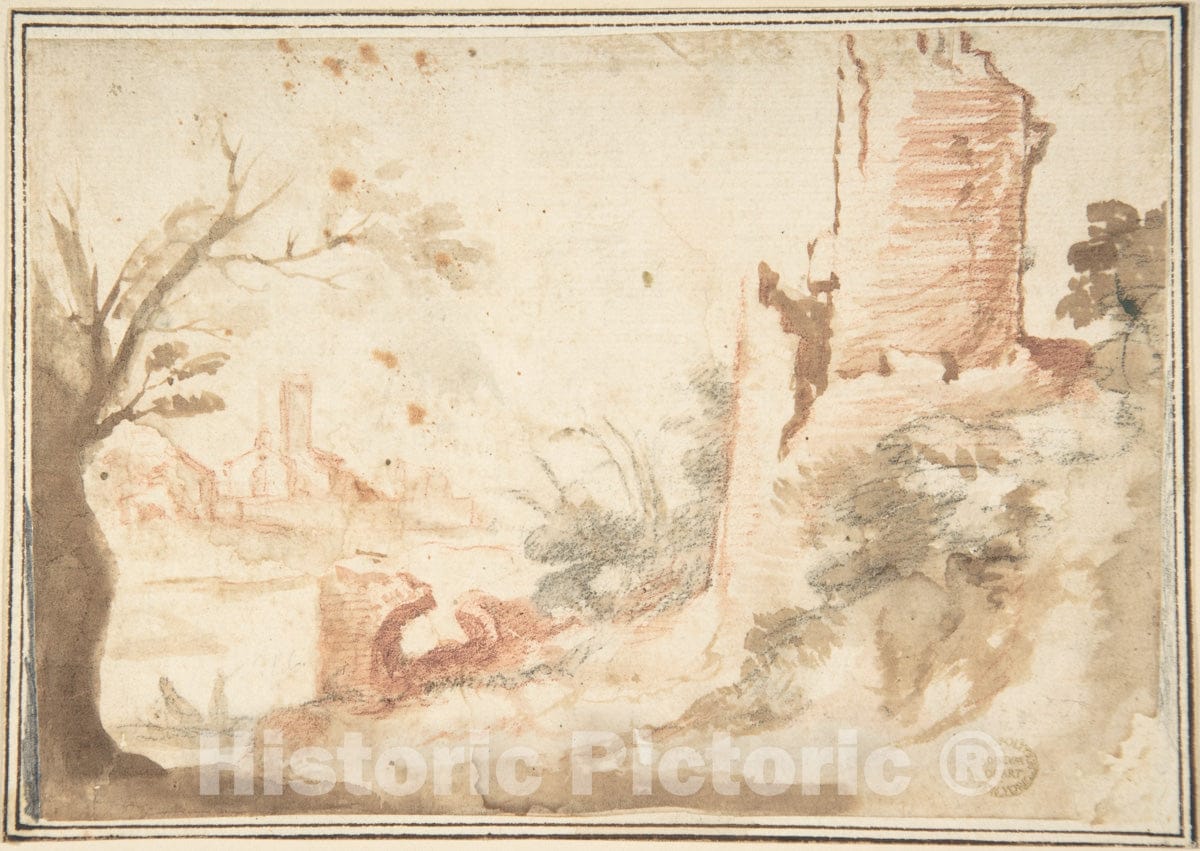 Art Print : Italian, Roman-Bolognese, 17th Century - Landscape with Ruined Tower : Vintage Wall Art