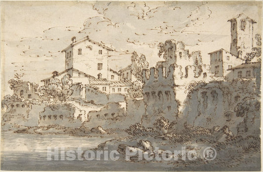 Art Print : Italian, Venetian, 18th Century - Houses by a River : Vintage Wall Art