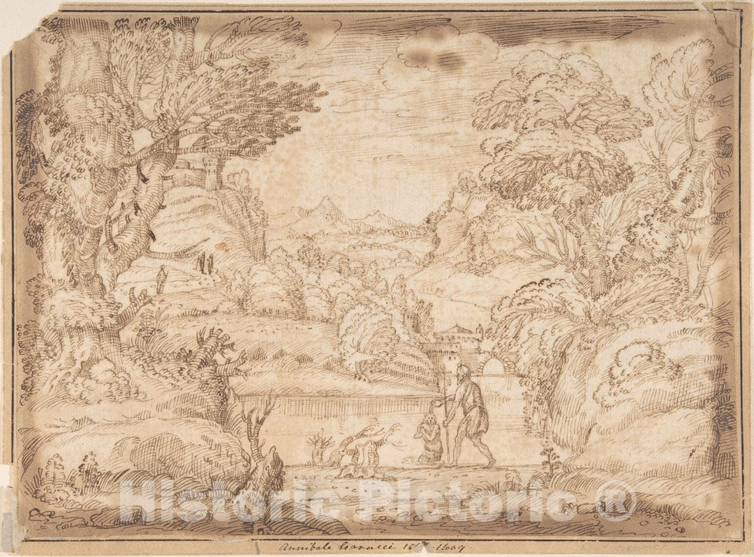 Art Print : Italian, Bolognese, 17th Century - Landscape with The Baptism of Christ : Vintage Wall Art