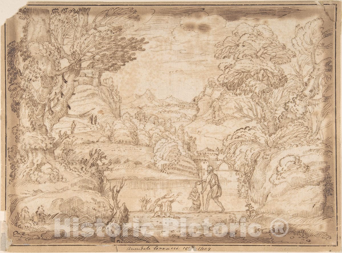 Art Print : Italian, Bolognese, 17th Century - Landscape with The Baptism of Christ : Vintage Wall Art