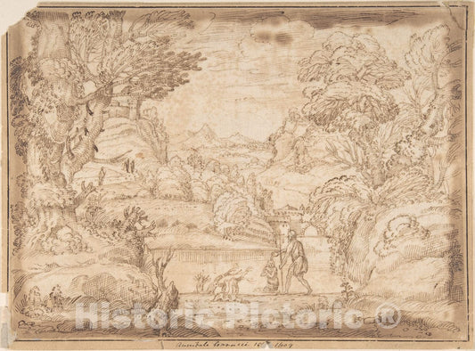 Art Print : Italian, Bolognese, 17th Century - Landscape with The Baptism of Christ : Vintage Wall Art