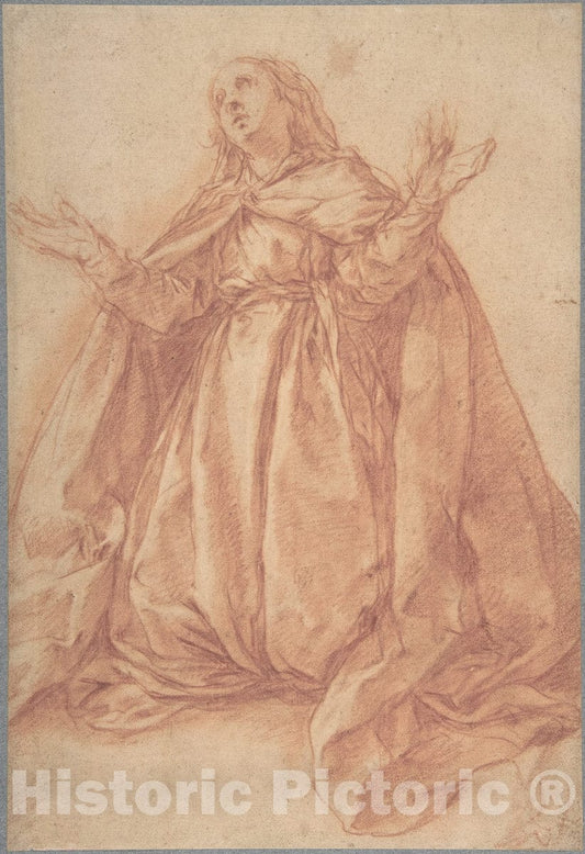 Art Print : Abraham Bloemaert - Kneeling Female Figure with Upraised Arms : Vintage Wall Art
