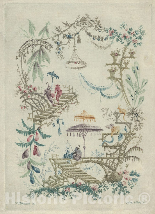 Art Print : Designed by Jean Pillement - Chinoiserie from Nouvelle Suite de Cahiers Arabesques Chinois 1 : Vintage Wall Art