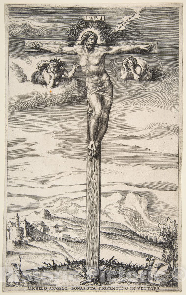 Art Print : Giulio Bonasone - Crucifixion with Two Angels : Vintage Wall Art