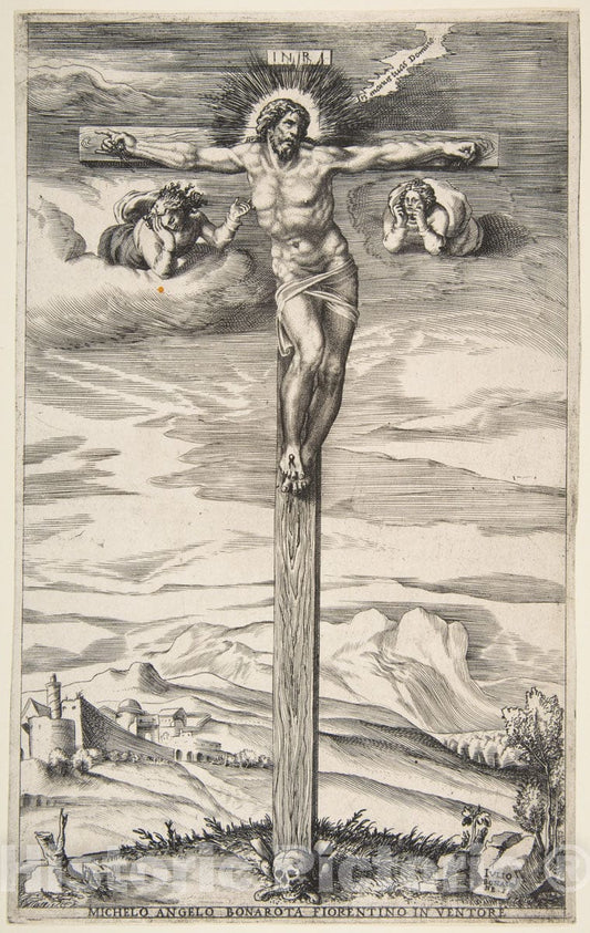 Art Print : Giulio Bonasone - Crucifixion with Two Angels : Vintage Wall Art