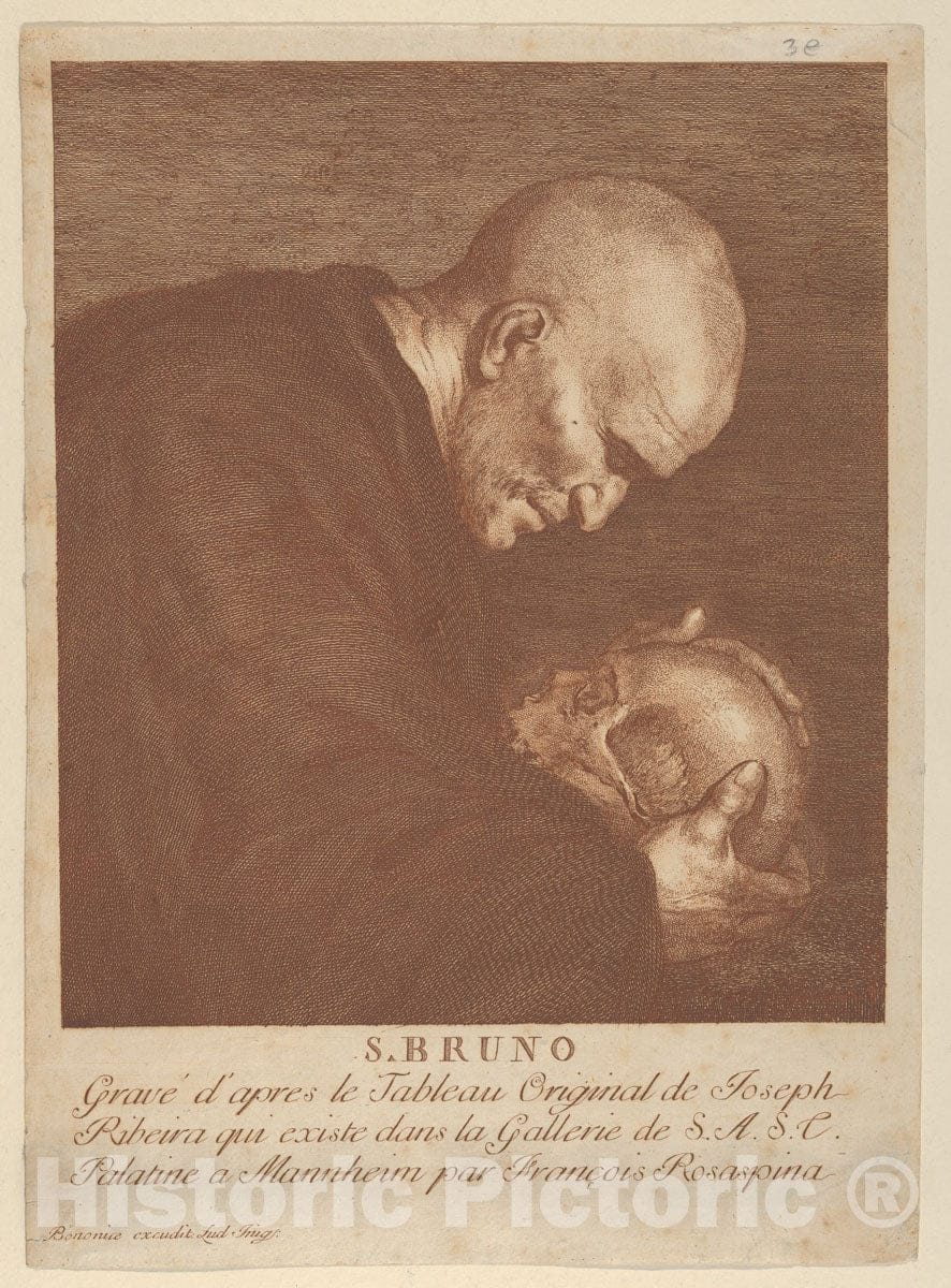 Art Print : Francesco Rosaspina - Saint Bruno Meditating on a Skull : Vintage Wall Art