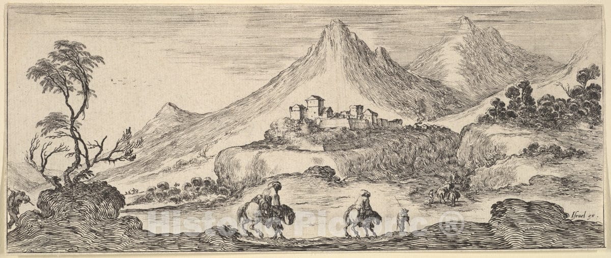 Art Print : Two Horseman descend a Hill in Center - Artist: Stefano Della Bella - Created: c1641 : Vintage Wall Art