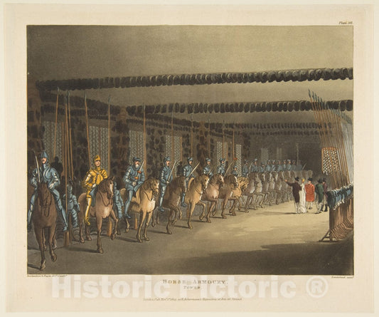 Art Print : Designed and Etched by Thomas Rowlandson - Horse Armoury, Tower of London (Microcosm of London, Plate 101) : Vintage Wall Art