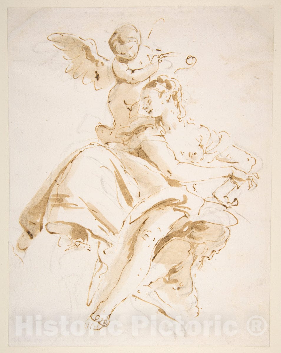 Art Print : Giovanni Battista Tiepolo - Winged Putto Crowning a Seated Woman Who Looks to The Left : Vintage Wall Art